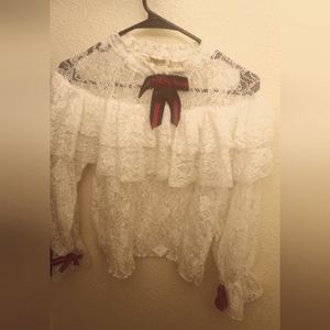 Size L Lace Sleeved Shirt- Star Brand- White/Cream color with Red and Blue Bows